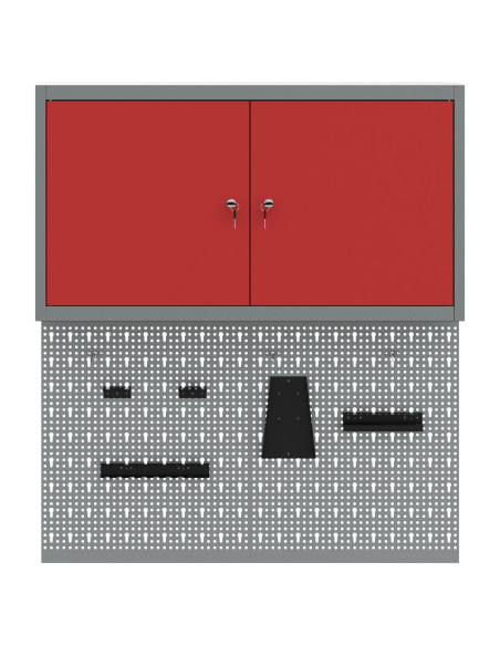 Set di 3 pezzi di armadietto attrezzi e pannello porta attrezzi montato a parete in metallo rosso