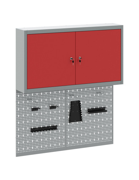 Set di 3 pezzi di armadietto attrezzi e pannello porta attrezzi montato a parete in metallo rosso