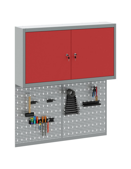 Set di 3 pezzi di armadietto attrezzi e pannello porta attrezzi montato a parete in metallo rosso