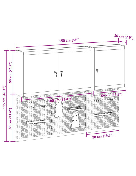 Set da 5 Pezzi di Armadio per Utensili e Pannello Magnetico da Montare a Muro in Metallo Nero