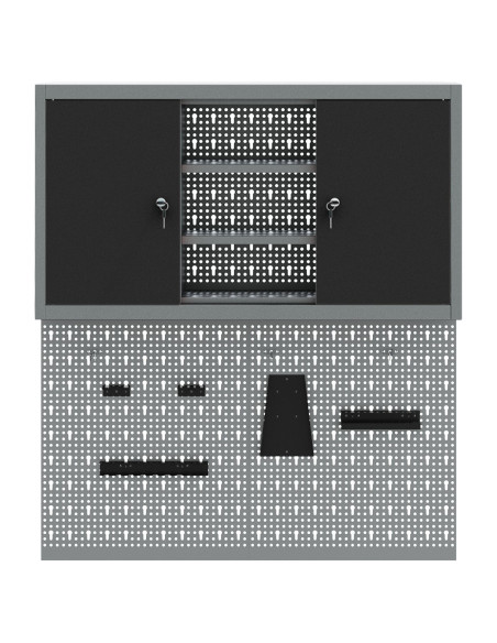 Set di armadietto attrezzi e pannello perforato da 3 pezzi montato a parete in metallo nero