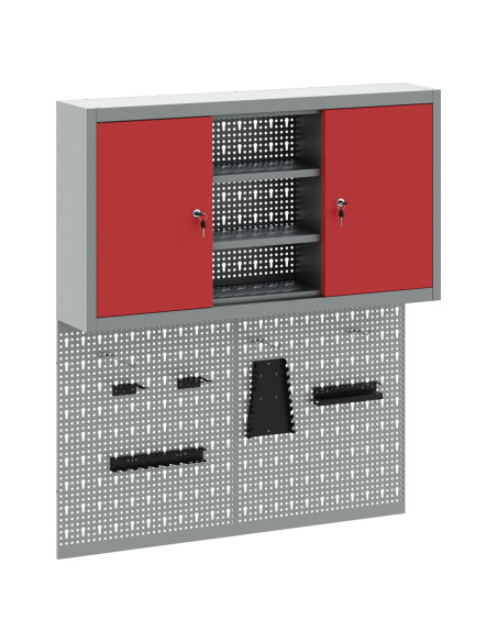 Set da Muro con Mobile per Attrezzi e Pannello Utensili a 3 Pezzi  Rosso Metallico