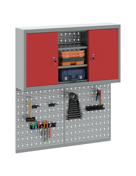 Set da Muro con Mobile per Attrezzi e Pannello Utensili a 3 Pezzi  Rosso Metallico