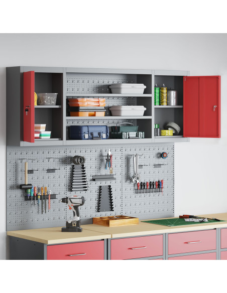 Set di armadietti e pannelli portautensili da 6 pezzi montati a muro in metallo rosso