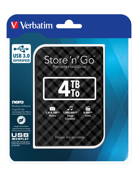 Verbatim Disco rigido portatile Store 'n' Go USB 3.0 da 4 TB Nero