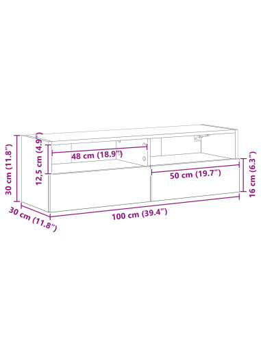 Mobile TV da parete 2 pcs Rovere nero 100 x 30 x 30 cm