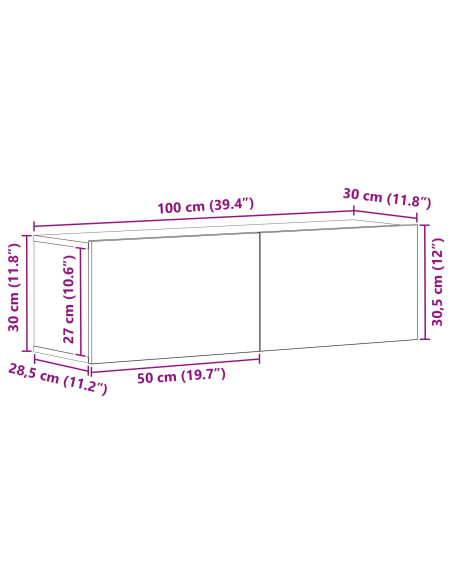 Mobile TV a muro in legno finto rovere nero 100x30x30 cm
