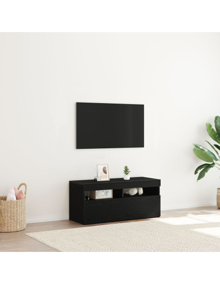 Mobile TV  con luci LED, Nero Rovere 90x35x40 cm in legno ingegnerizzato