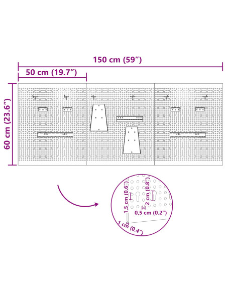 Pegboard 3 pezzi con 15 accessori Grigio 50x60 cm Acciaio