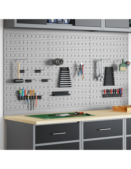 Pannelli per attrezzi 3 pcs con 15 accessori grigi 50x80 cm in acciaio