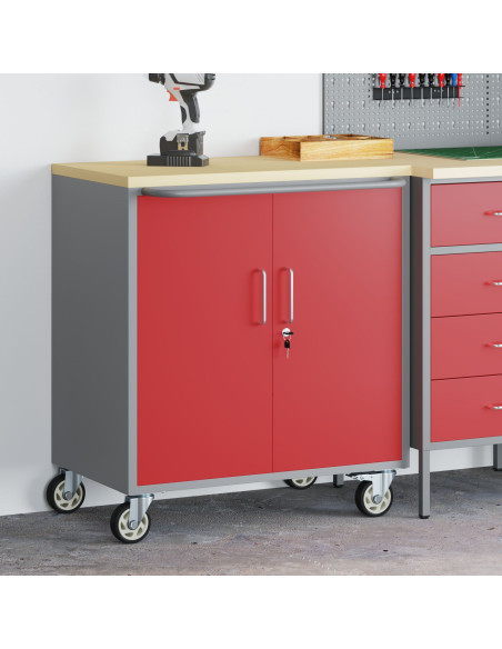 Armadio porta attrezzi con ruote e chiusura rossa 75x45x85 cm in acciaio