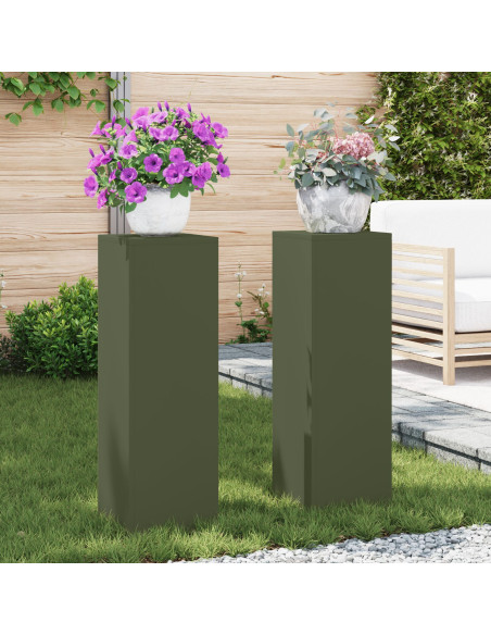Supporti per Piante da Esterno Pilastro 2 pz Verde Oliva 24x24x75 cm Acciaio