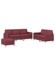 Set di Divani 3 pz con Cuscini Rosso Vino in Tessuto
