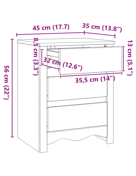 Comodino  ""DRAMMEN"" Bianco 45x35x56 cm in Legno solidale di Pino