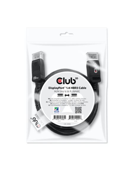 CLUB3D DisplayPort 1.4 HBR3 Cable 2m/6.56ft M/M 8K60Hz