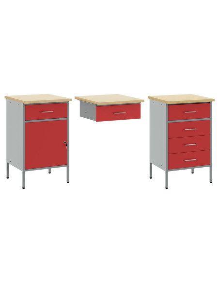 Set Armadio e Tavolo da Lavoro 3 Pezzi  Rosso in Legno Ingegnerizzato e Acciaio