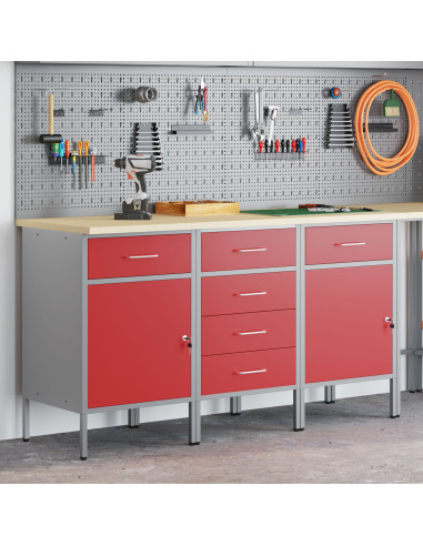 Mobile da lavoro con ruota 3 pcs Rosso e Grigio 75 x 45 x 85 cm