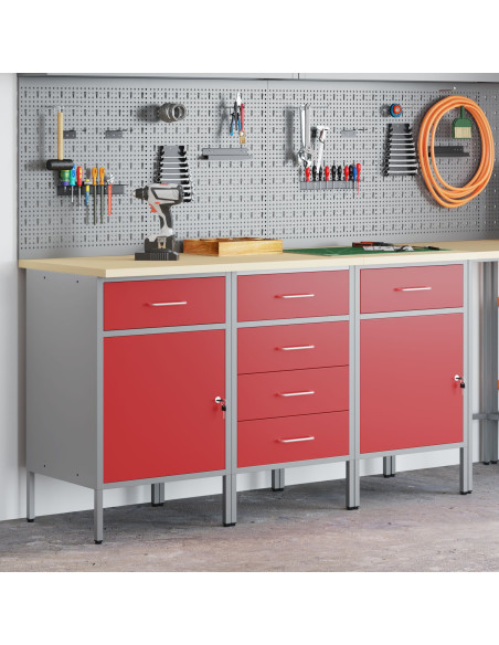 Mobile da lavoro con ruota 3 pcs Rosso e Grigio 75 x 45 x 85 cm