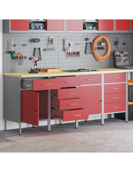 Set di mobili da lavoro 4 pezzi rosso e grigio in legno ingegnerizzato e acciaio