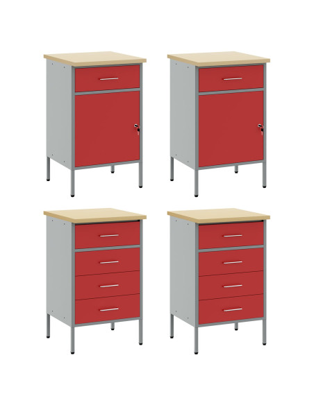 Set di mobili da lavoro 4 pezzi rosso e grigio in legno ingegnerizzato e acciaio