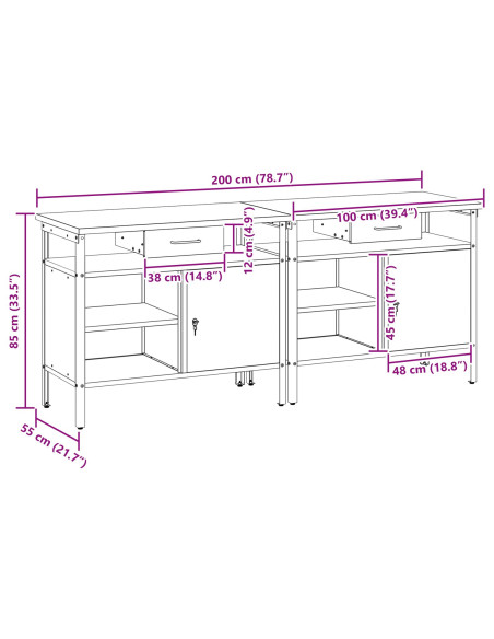 Set banco da lavoro 2 pcs Nero e Grigio 200 x 55 x 85 cm