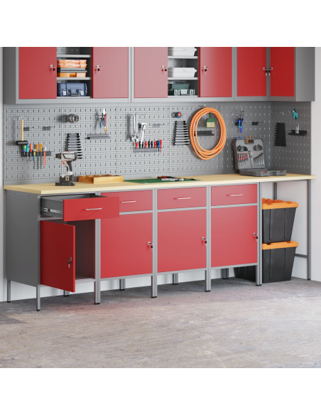 Set di 5 pezzi di armadio da lavoro e tavolo ad angolo in legno ingegnerizzato rosso