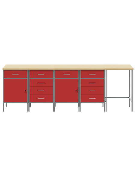 Set di Armadietti da Lavoro e Tavolo Angolare Rosso in Legno Ingenerizzato - 5 Pezzi