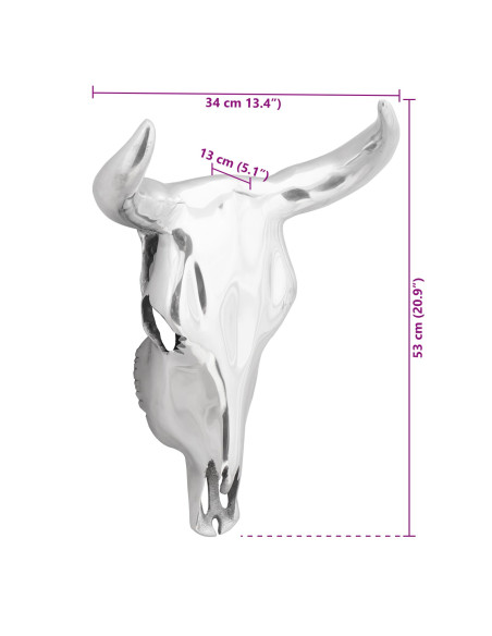 Teschio di Toro da Muro Argento 34x13x53 cm Alluminio