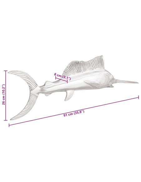Pesce Spada da Muro Argento 91x8x26 cm in Alluminio