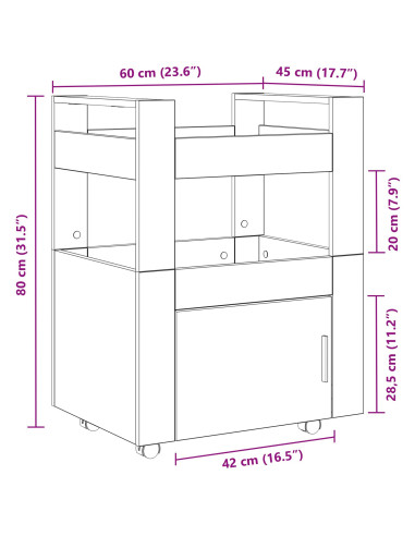 Carrello da Cucina Rovere nero 60 x 45 x 80 cm