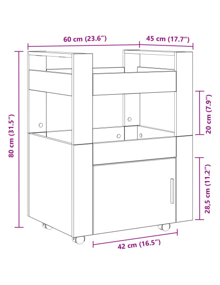 Carrello da Cucina Rovere nero 60 x 45 x 80 cm