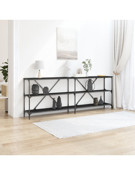 Tavolino Consolle Nero Quercia 200x30x75 cm Legno Ingranato e Acciaio