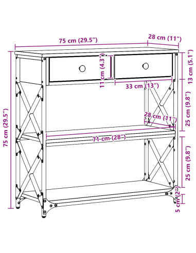 Tavolo Consolle con cassetto Rovere nero 75 x 28 x 75 cm