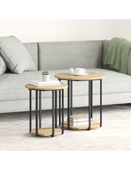 Set di 2 Tavolini in Legno ingegnerizzato Rovere e Metallo