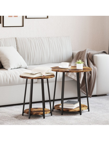 Set tavolini con lo scaffale 2 pcs Rovere Affumicato e Nero