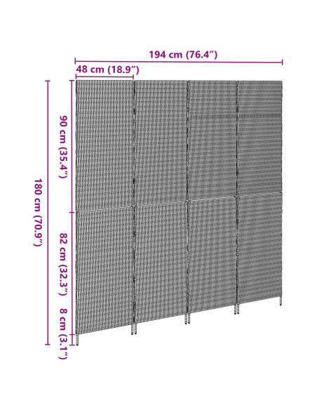 Divisorio per stanze 4 pannelli pieghevole marrone 195x180 cm in poly rattan