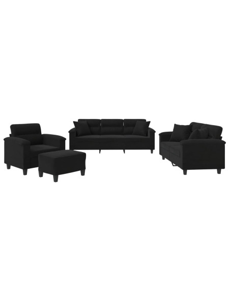 Set Divani 4 pz con Cuscini Nero in Tessuto Microfibra