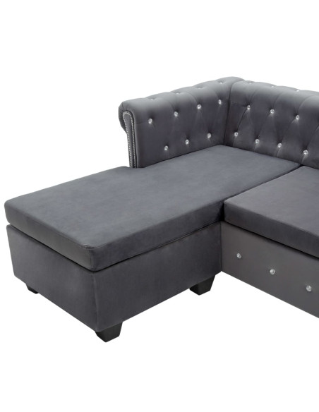 Divano Chesterfield a L in Velluto 199x142x72 cm Grigio