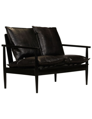 Divano a 2 Posti in Vera Pelle con Legno di Acacia Nero