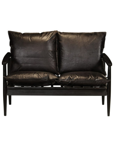 Divano a 2 Posti in Vera Pelle con Legno di Acacia Nero