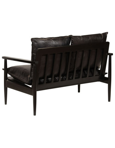 Divano a 2 Posti in Vera Pelle con Legno di Acacia Nero