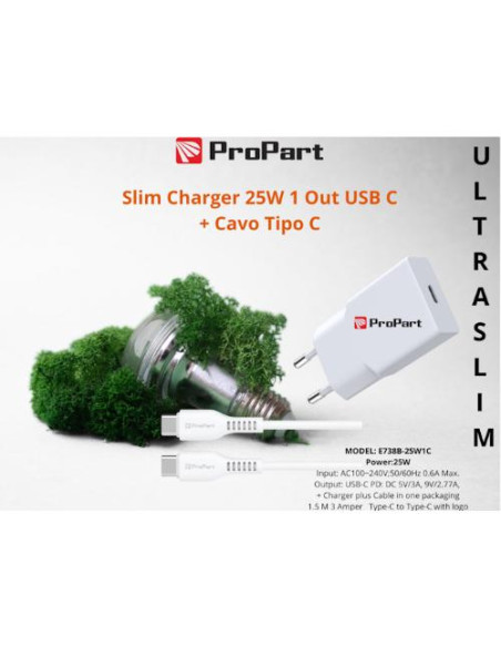 PROPART SLIM CARICA BATTERIE + CAVO TIPO C 25W 1 OUT USB C