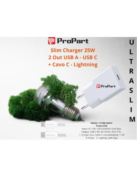 PROPART SLIM CARICA BATTERIE + CAVO TIPO C LIGHTNING 25W 1 OUT USB C