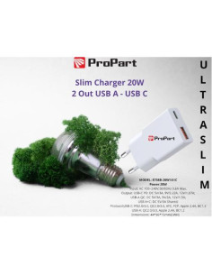 PROPART SLIM CARICA BATTERIE 20W 2 OUT USB A - USB C