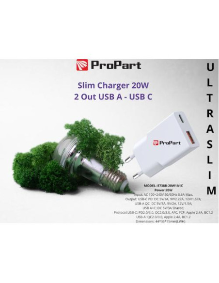 PROPART SLIM CARICA BATTERIE 20W 2 OUT USB A - USB C
