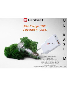 PROPART SLIM CARICA BATTERIE 25W 2 OUT USB A - USB C