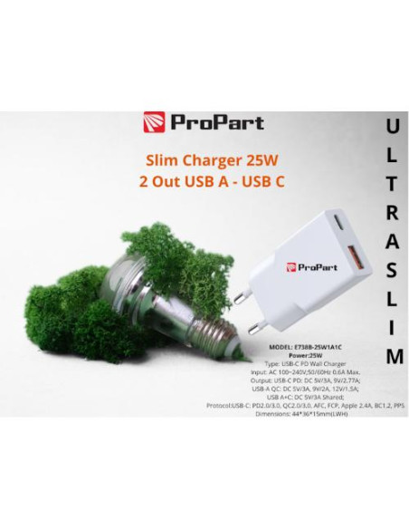 PROPART SLIM CARICA BATTERIE 25W 2 OUT USB A - USB C