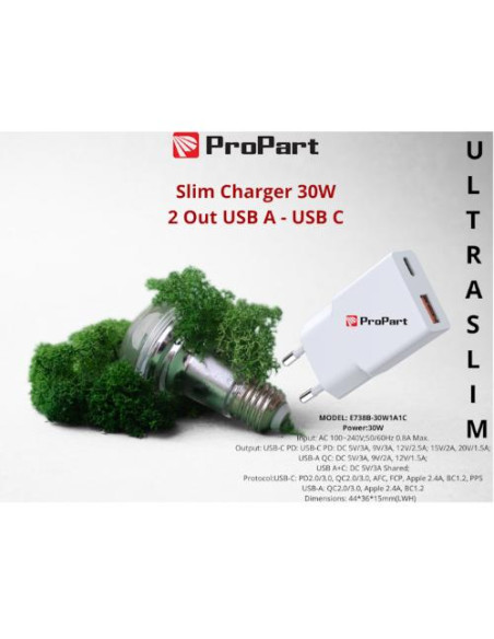 PROPART SLIM CARICA BATTERIE 30W 2 OUT USB A - USB C