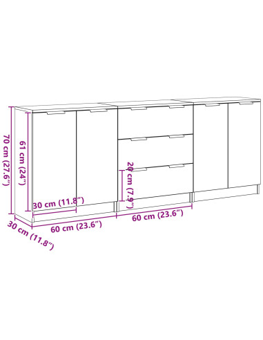 Credenza 3 pcs Rovere Nero 180 x 30 x 70 cm Legno multistrato