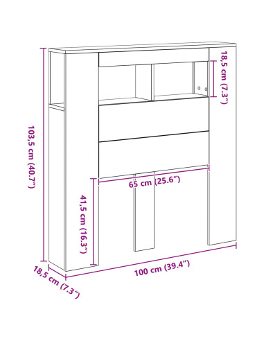 Testiera LED con lo scaffale Rovere Nero 100 x 18,5 x 103,5 cm